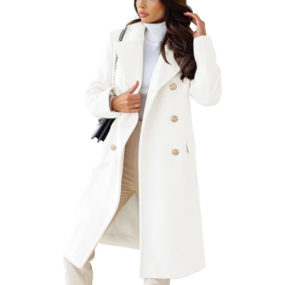 🆕Women's White Double-Breasted Wool Blend Winter Jacket Warm Long Trench Coat"